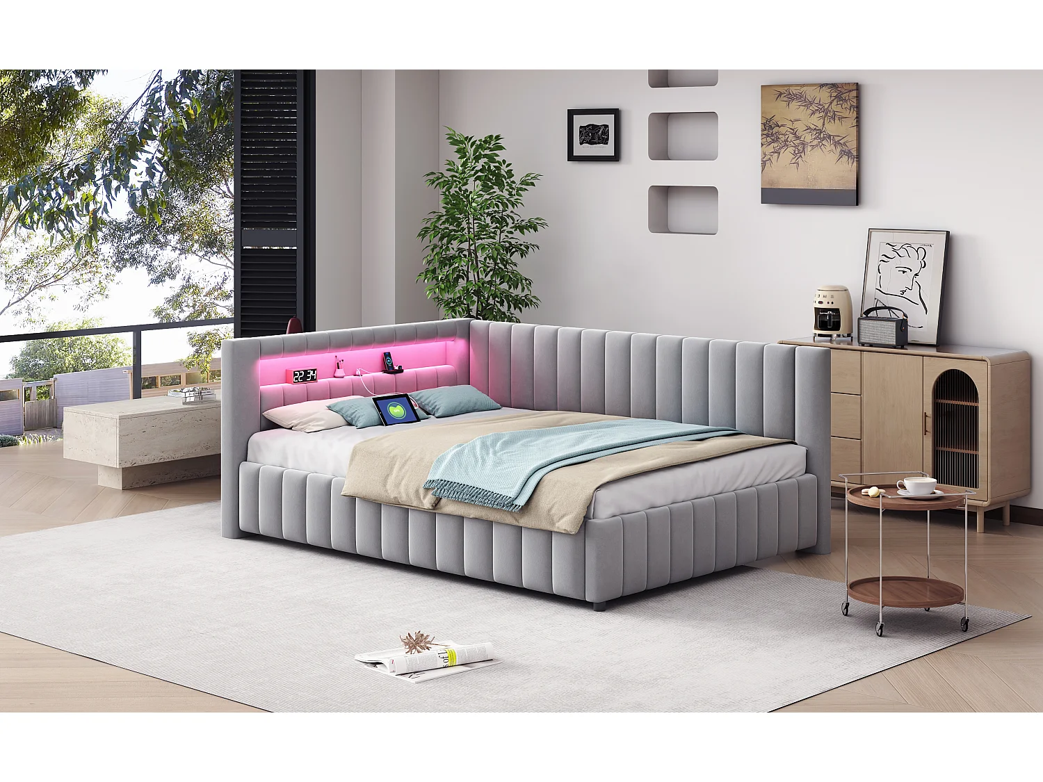 Sofá cama 140 x 200 cm, con LED, USB, Lattenrost, tela de terciopelo, con respaldo y cabecero, gris (209 x 147,5 x 82 cm)