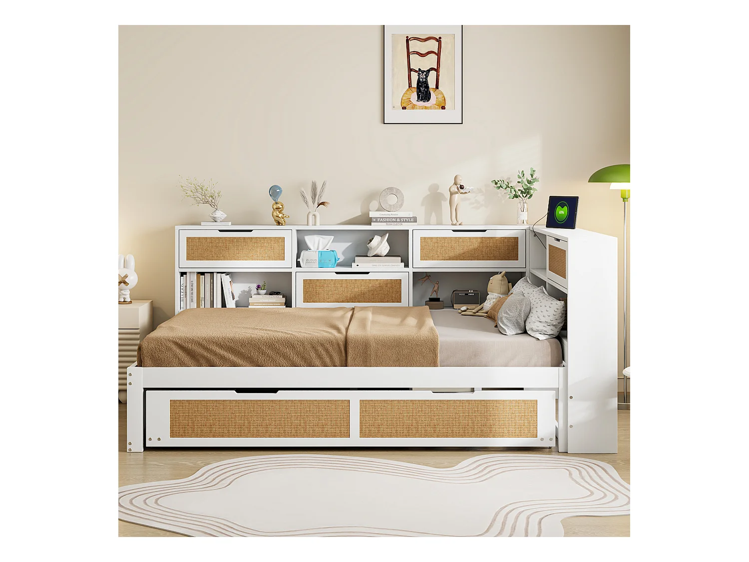 Canapé-lit en bois avec tiroirs et prise de chargement, lit extensible 90/180x190 cm (225x166x92 cm)