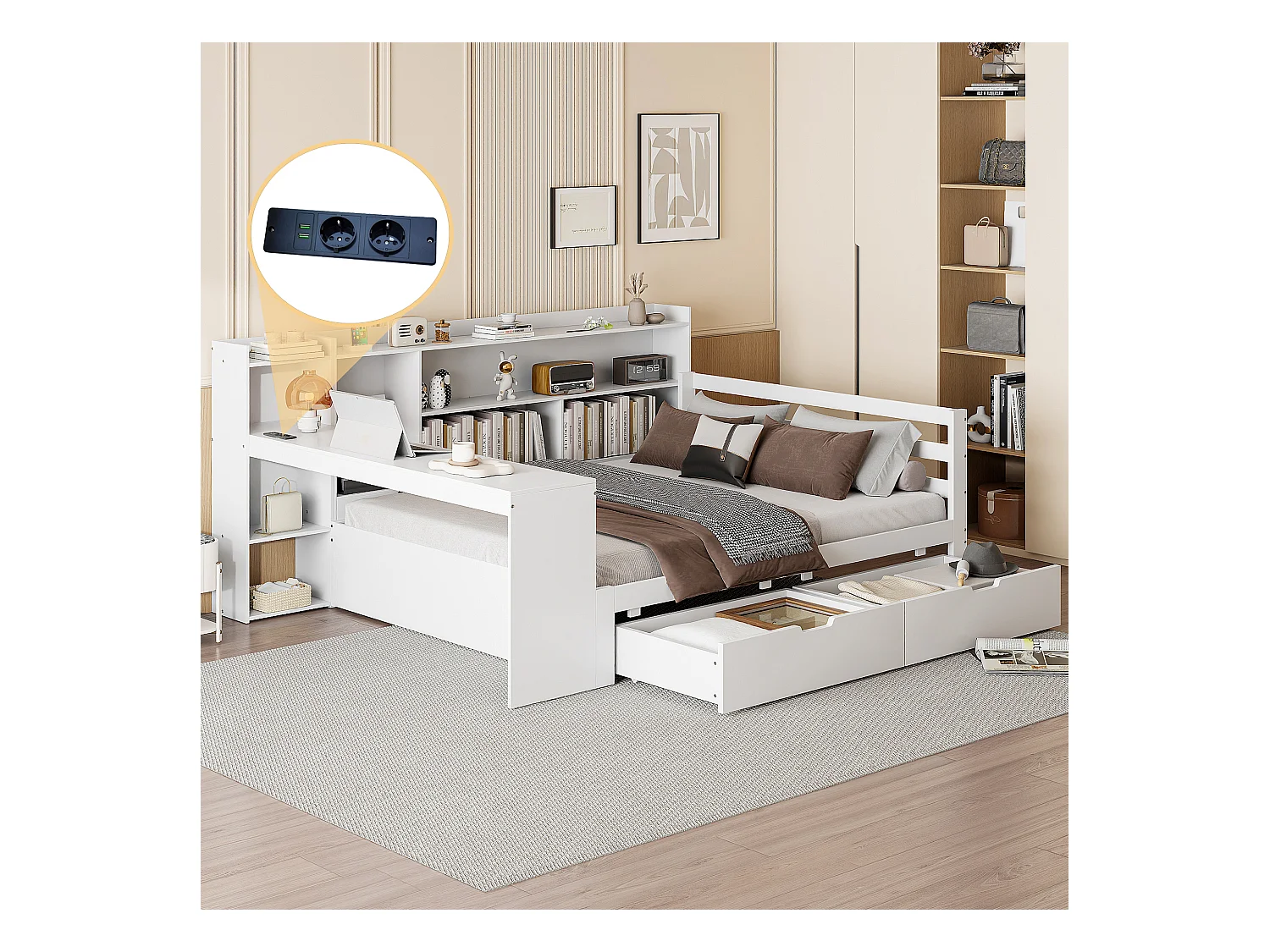 Canapé-lit en bois massif avec bureau, étagères, prise USB et grand espace de rangement, blanc (245.5x165x100 cm)