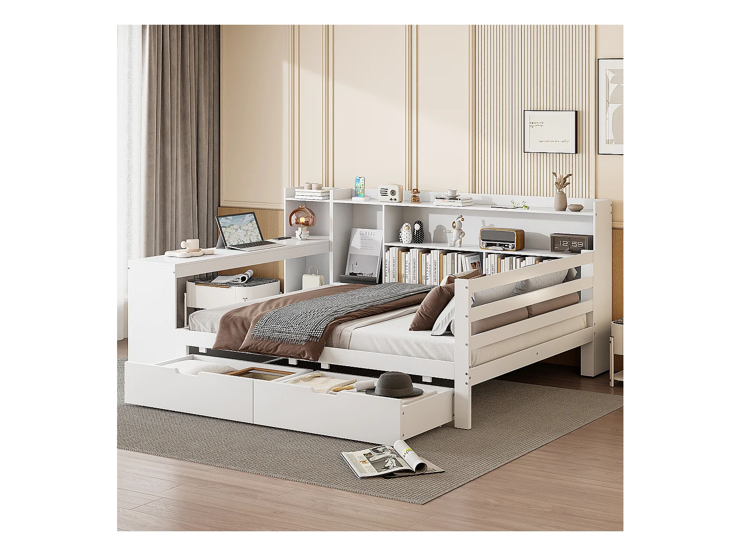 Canapé-lit en bois massif avec bureau, étagères, prise USB et grand espace de rangement, blanc (245.5x165x100 cm)