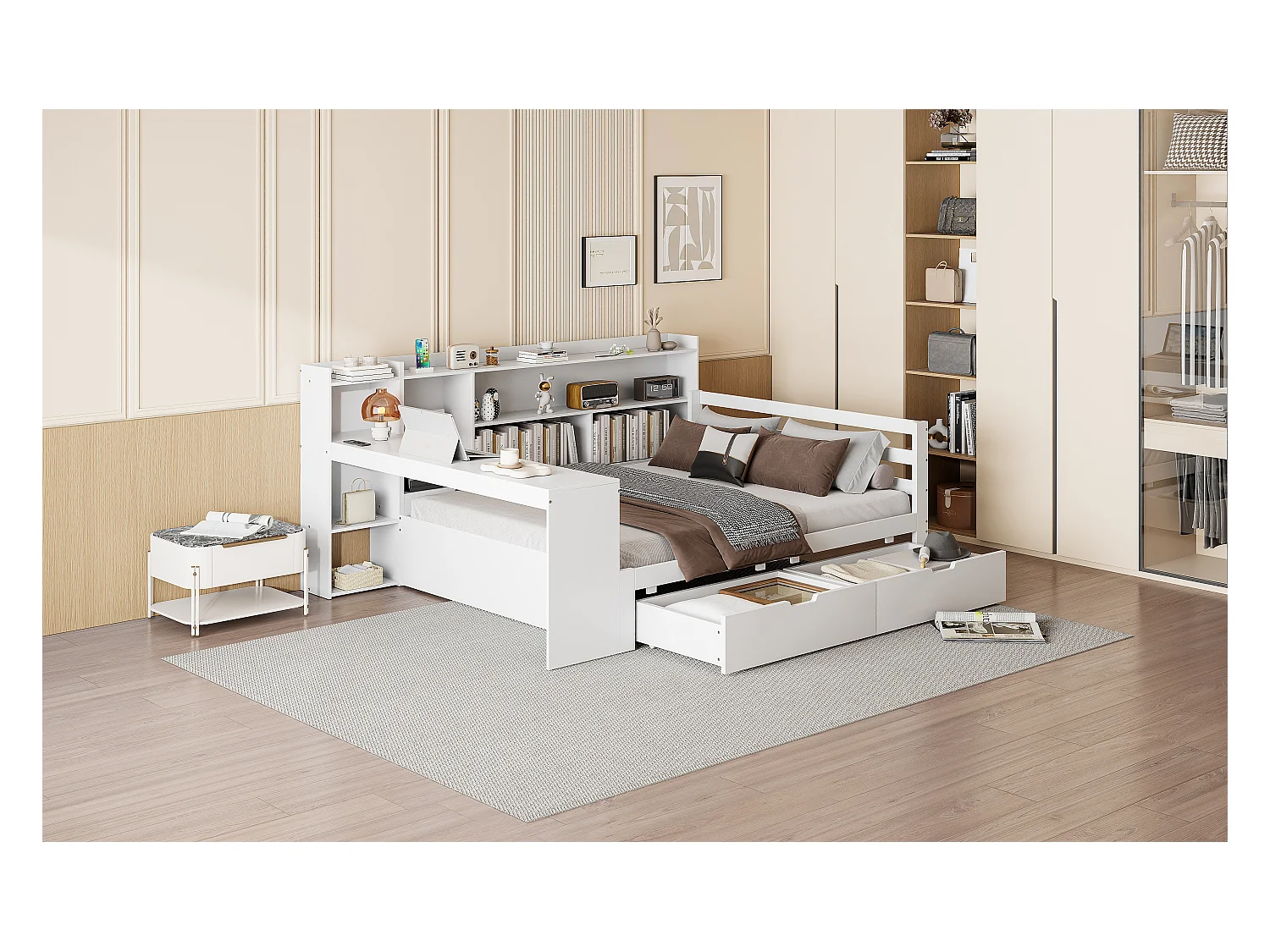 Canapé-lit en bois massif avec bureau, étagères, prise USB et grand espace de rangement, blanc (245.5x165x100 cm)