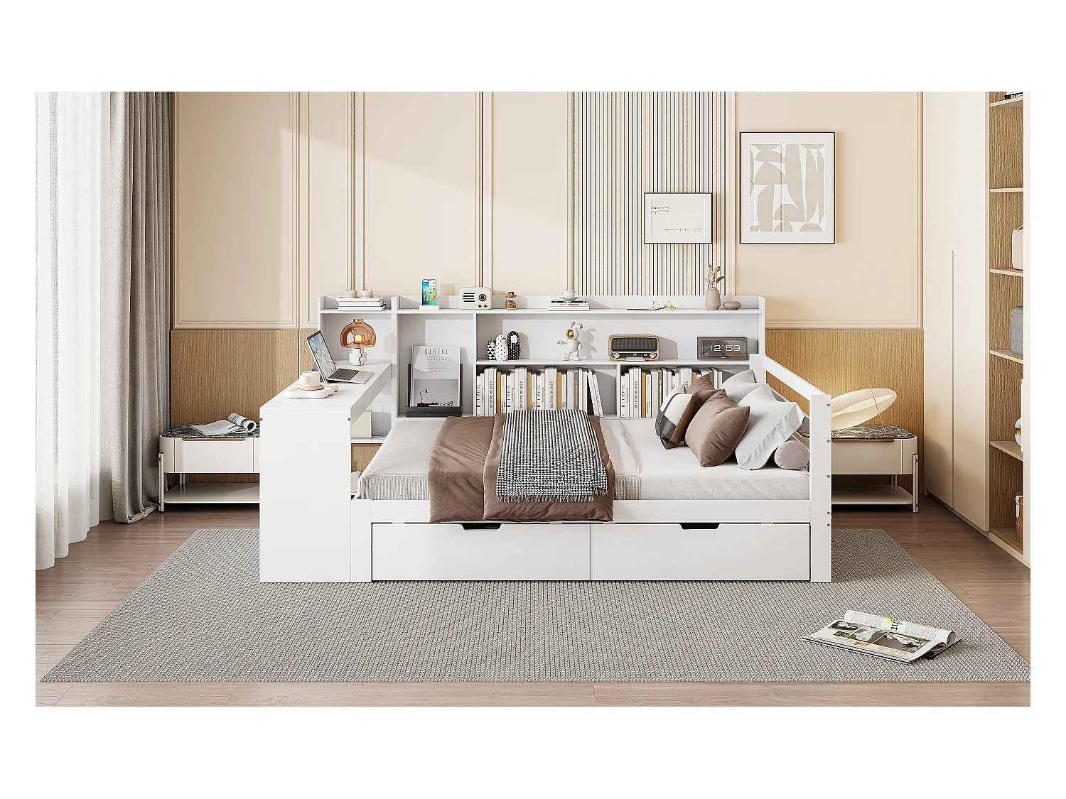 Canapé-lit en bois massif avec bureau, étagères, prise USB et grand espace de rangement, blanc (245.5x165x100 cm)