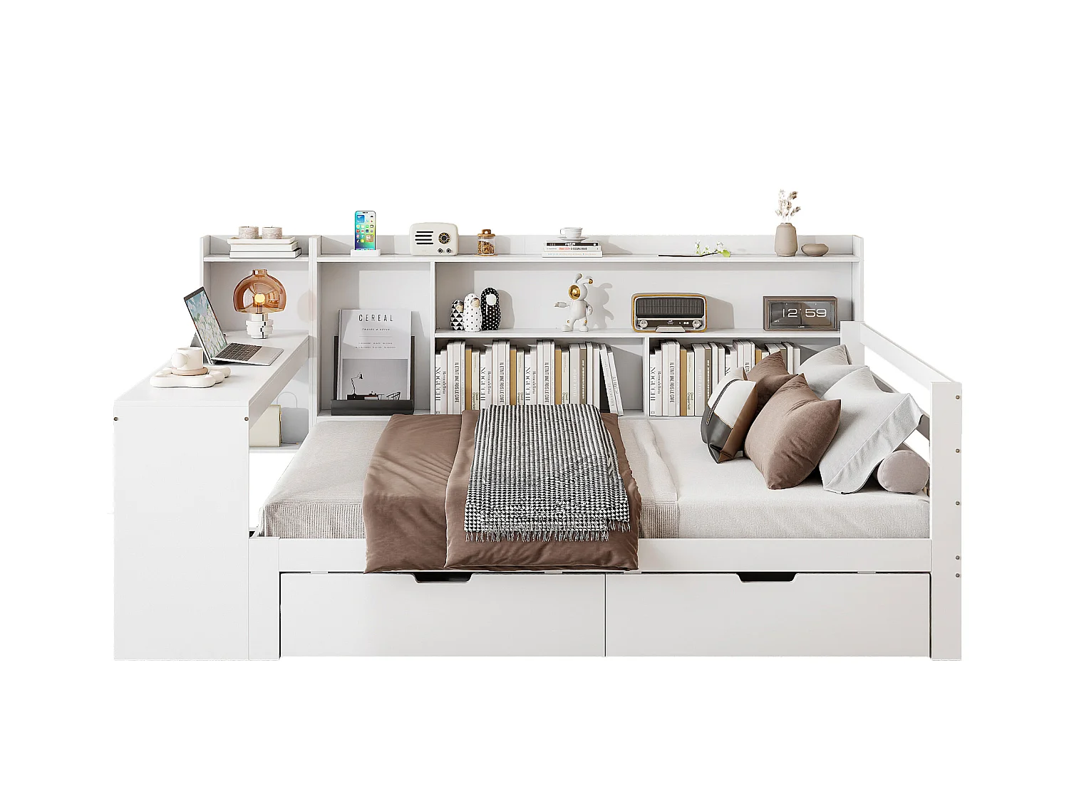 Canapé-lit en bois massif avec bureau, étagères, prise USB et grand espace de rangement, blanc (245.5x165x100 cm)
