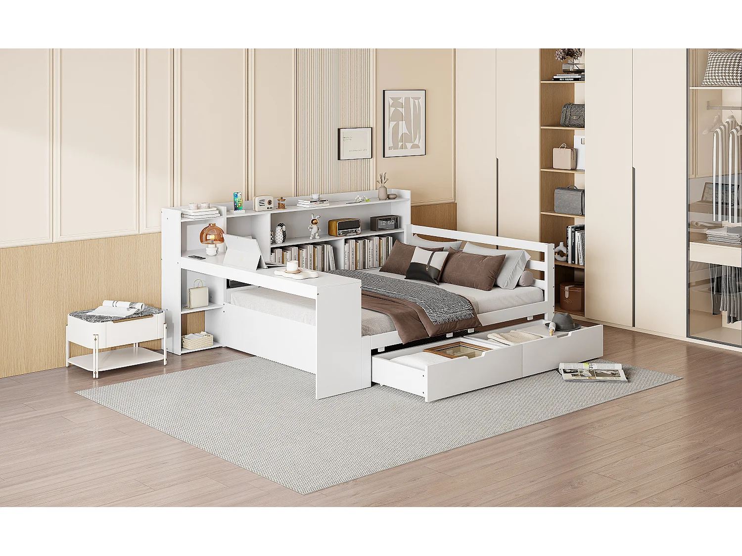 Massief houten slaapbank met bureau, planken, USB-aansluiting en veel opbergruimte, wit (245,5x165x100 cm)