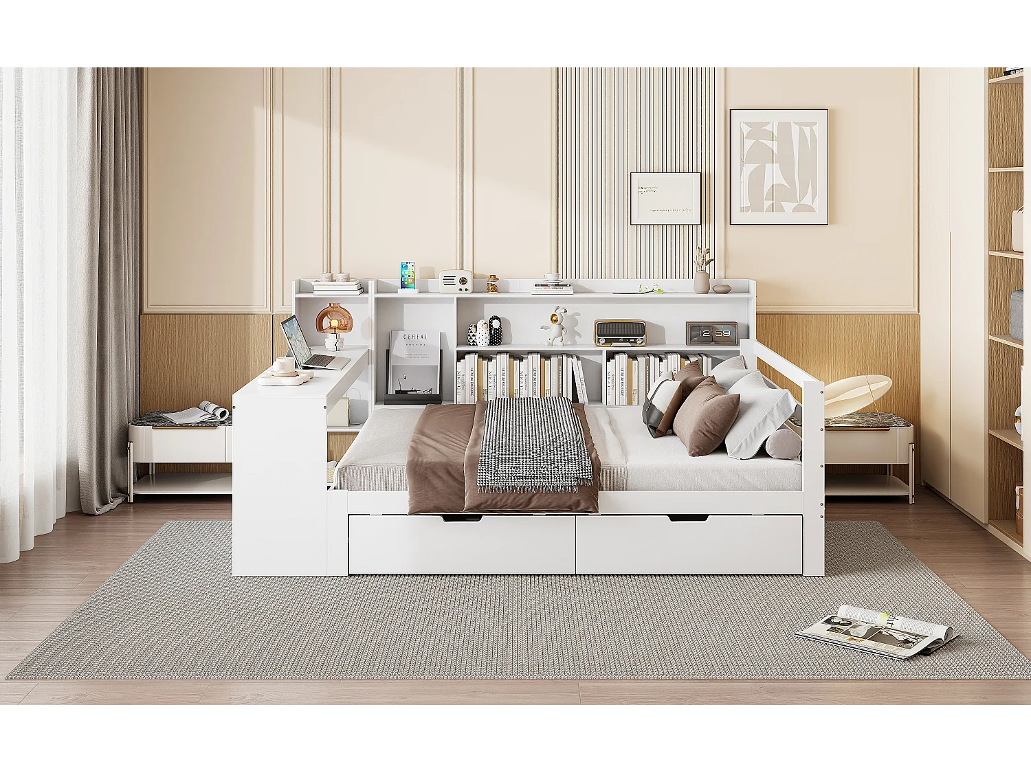 Massief houten slaapbank met bureau, planken, USB-aansluiting en veel opbergruimte, wit (245,5x165x100 cm)