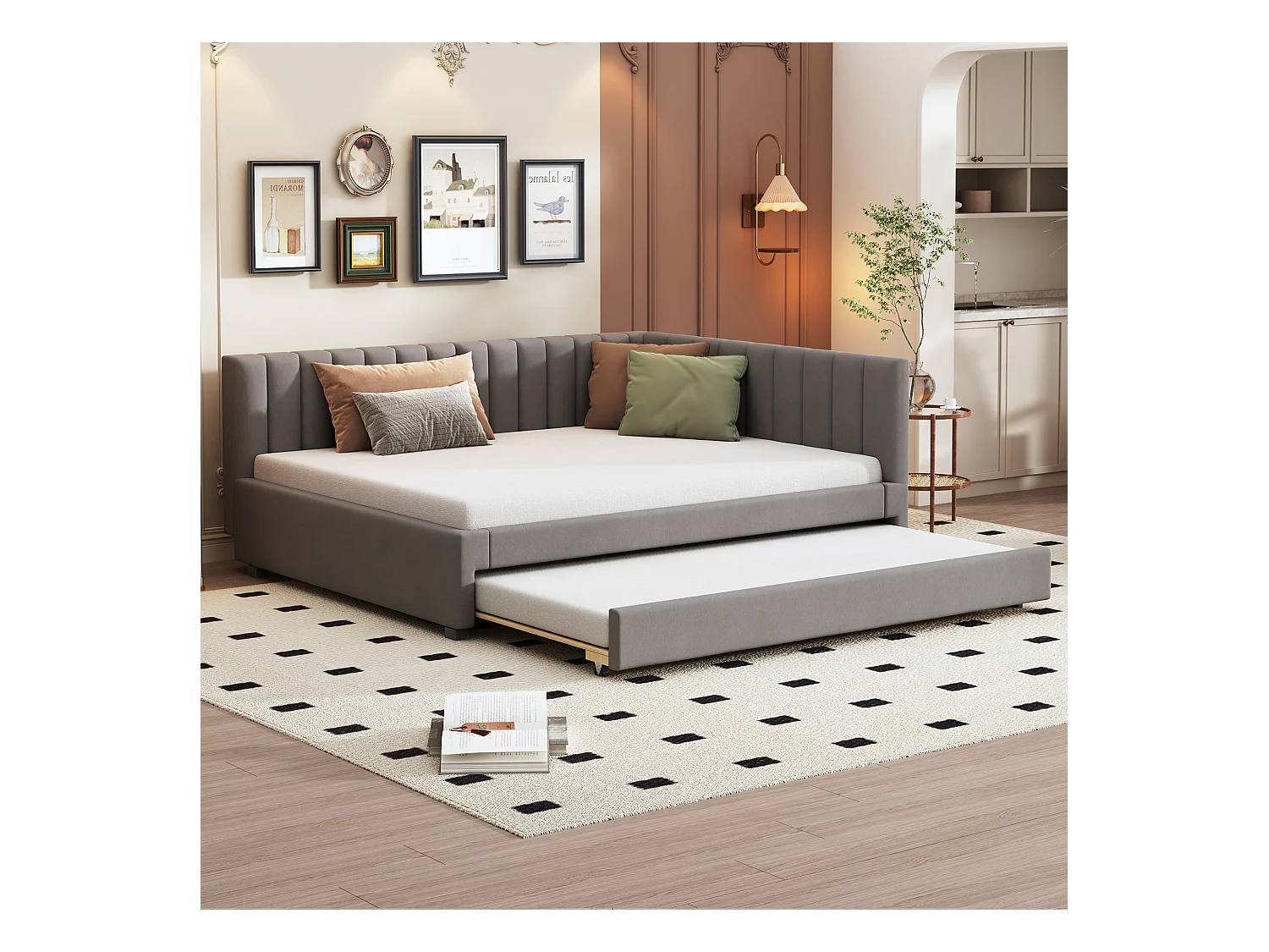 Lit avec canapé-lit extensible, tissu velours gris, 140x200 cm, multifonction, avec sommier (209.5x147x71 cm)