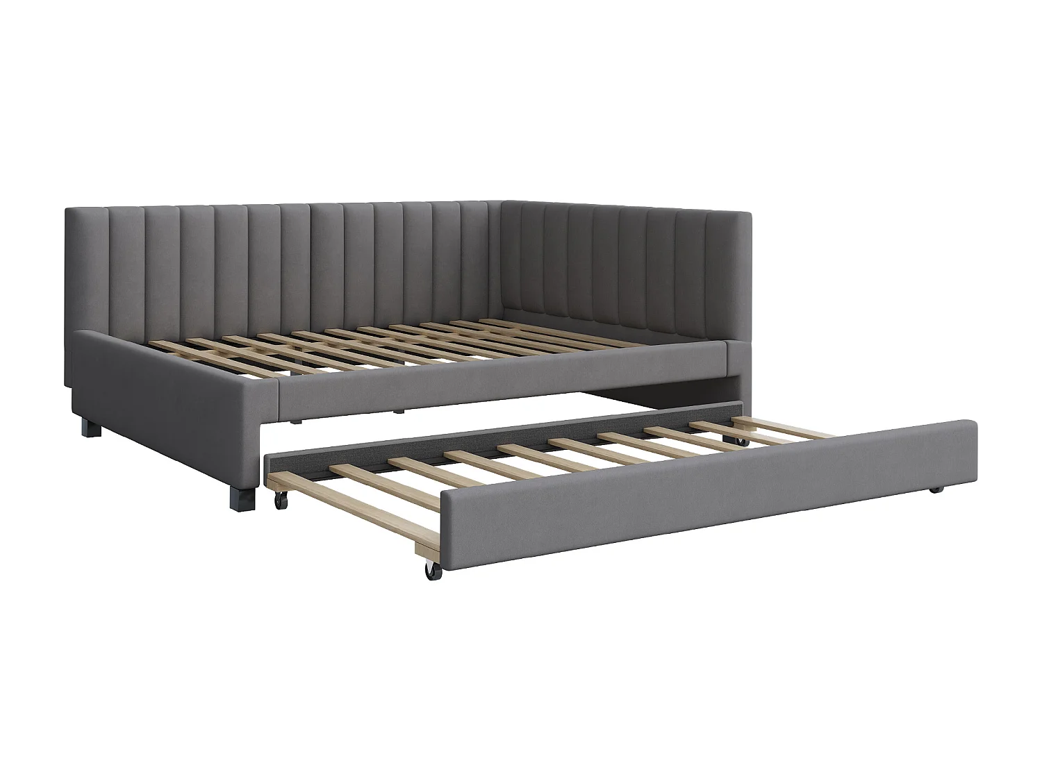 Lit avec canapé-lit extensible, tissu velours gris, 140x200 cm, multifonction, avec sommier (209.5x147x71 cm)