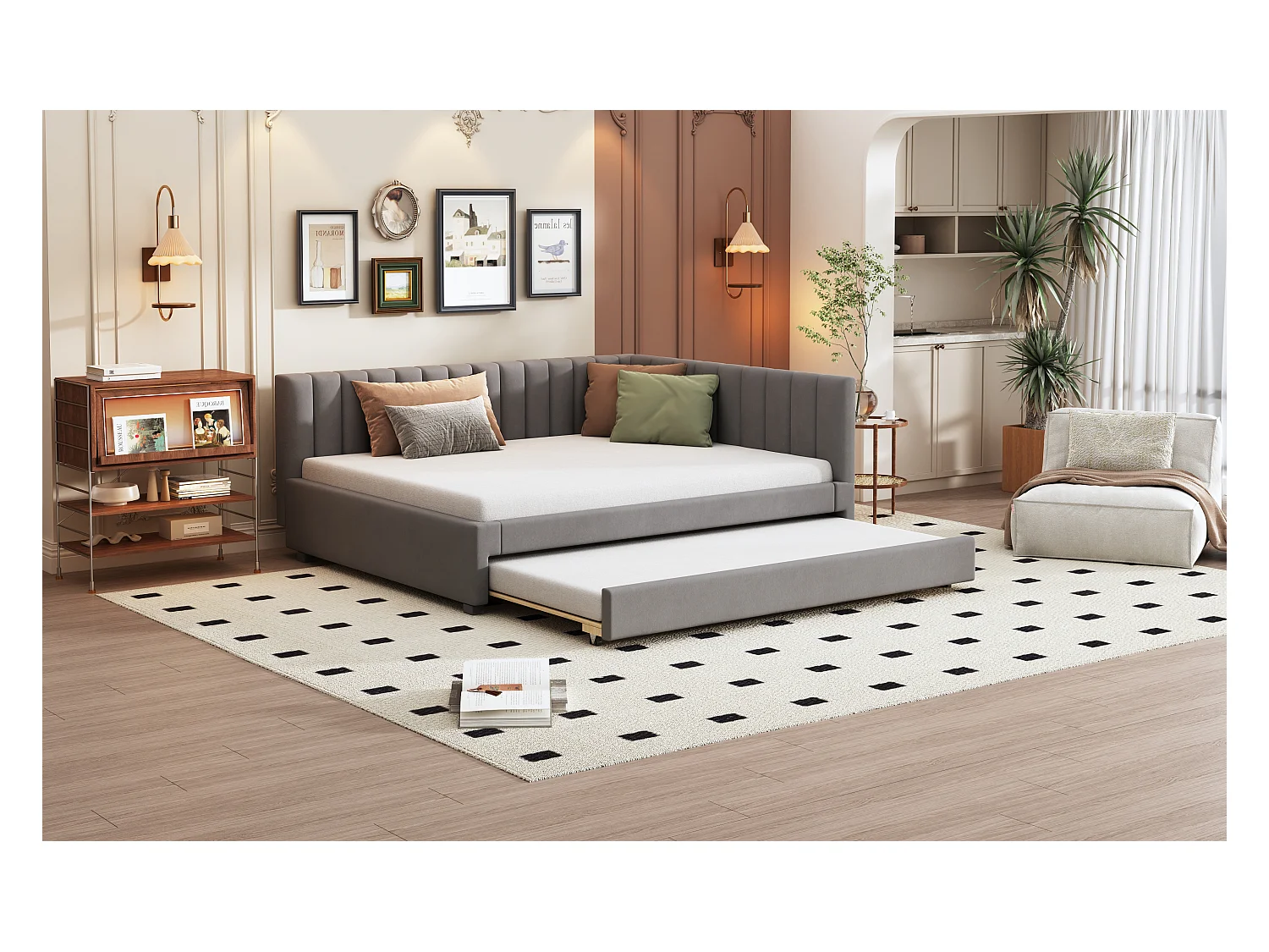 Lit avec canapé-lit extensible, tissu velours gris, 140x200 cm, multifonction, avec sommier (209.5x147x71 cm)