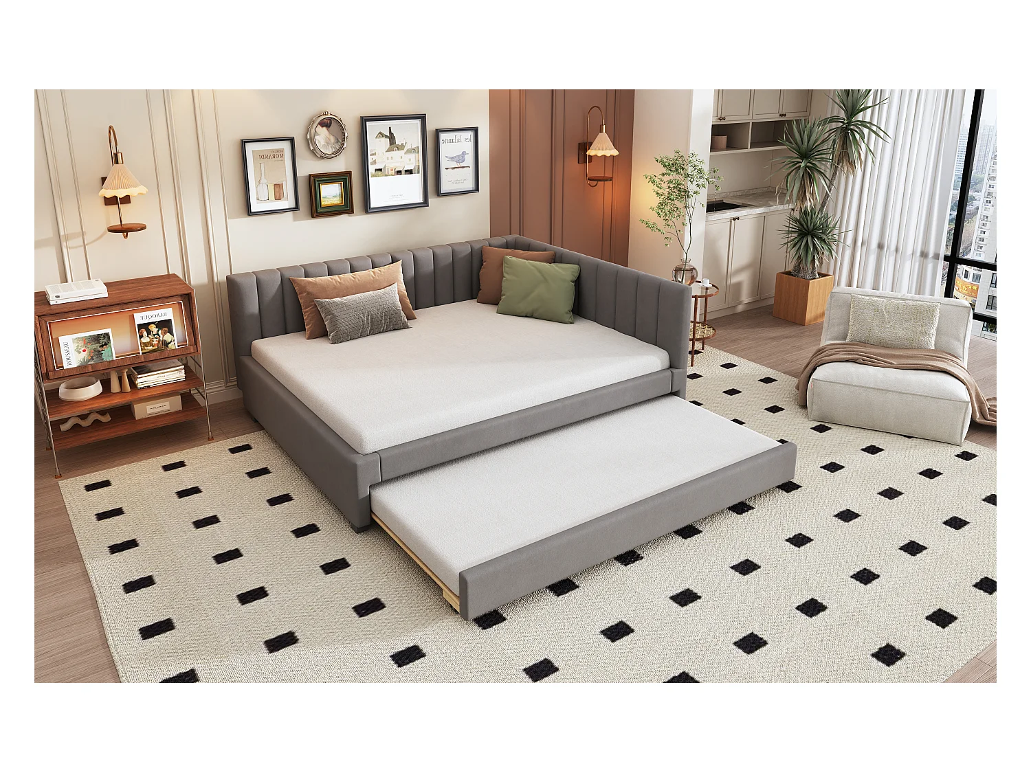 Lit avec canapé-lit extensible, tissu velours gris, 140x200 cm, multifonction, avec sommier (209.5x147x71 cm)