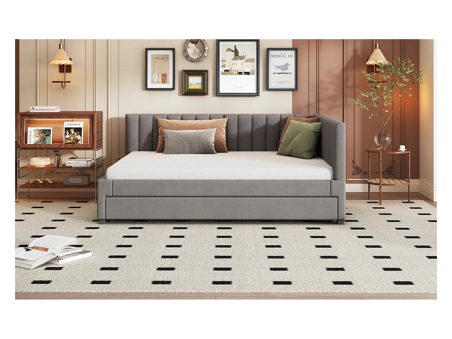 Lit avec canapé-lit extensible, tissu velours gris, 140x200 cm, multifonction, avec sommier (209.5x147x71 cm)