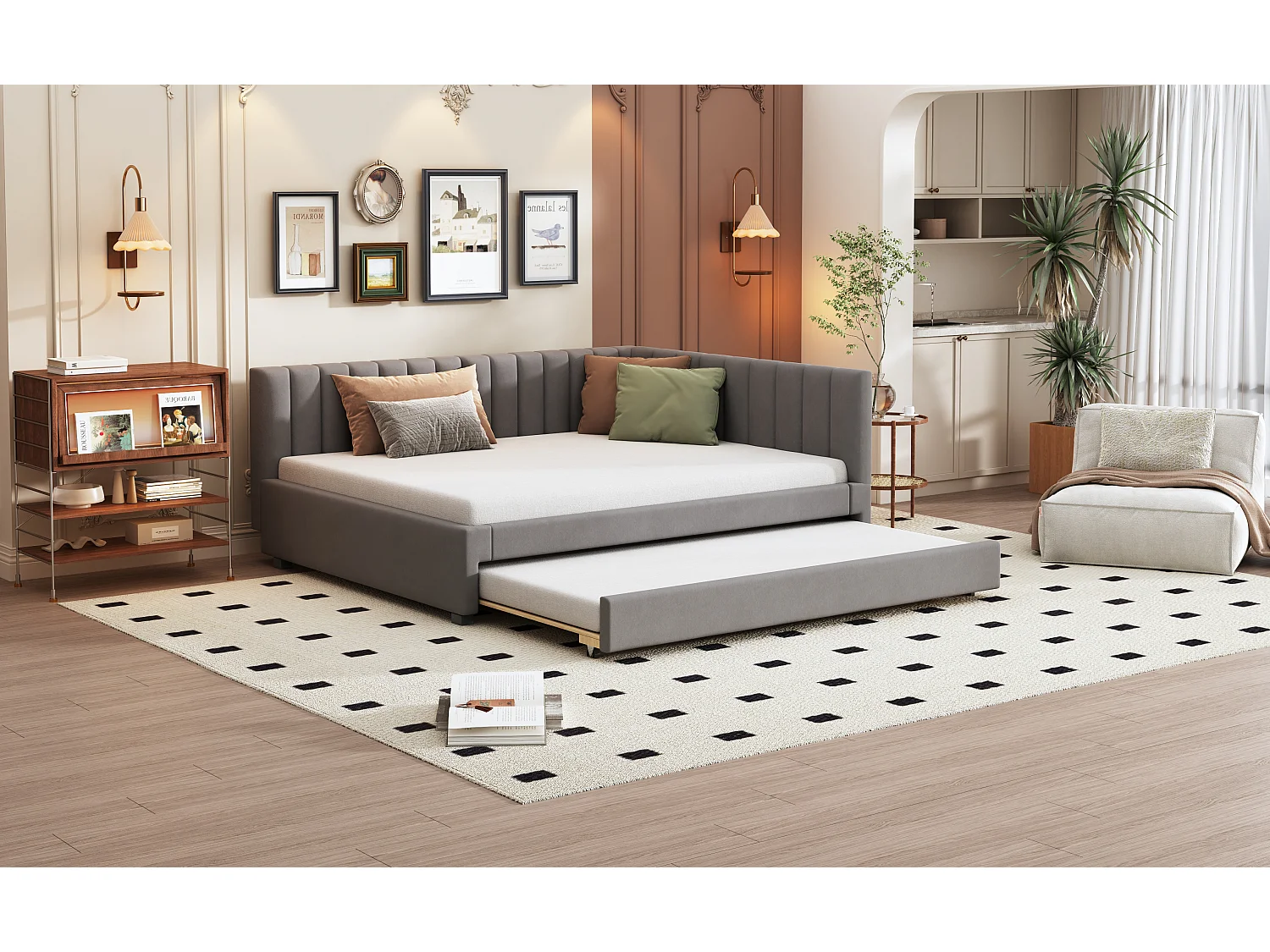 Lit avec canapé-lit extensible, tissu velours gris, 140x200 cm, multifonction, avec sommier (209.5x147x71 cm)