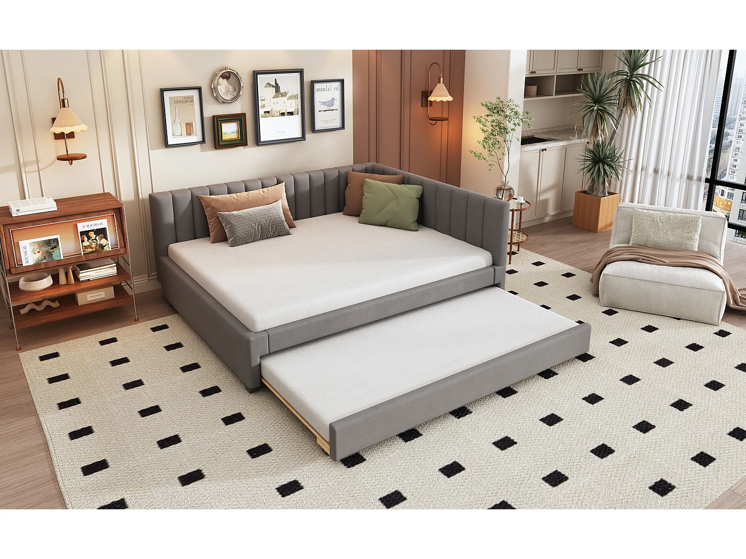 Lit avec canapé-lit extensible, tissu velours gris, 140x200 cm, multifonction, avec sommier (209.5x147x71 cm)