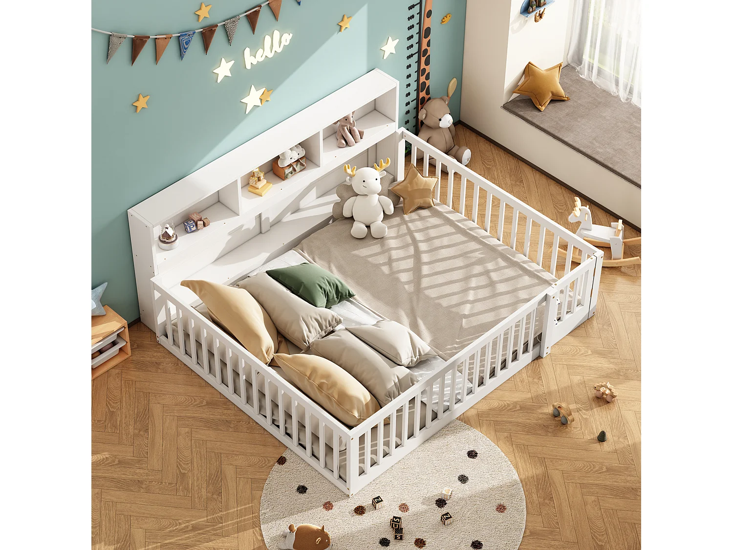 Daybed, 140 x 200 cm, canapé-lit, avec rangement latéral, sommier à lattes, barrières de sécurité, bois de pin, blanc (205x164.5x87 cm)