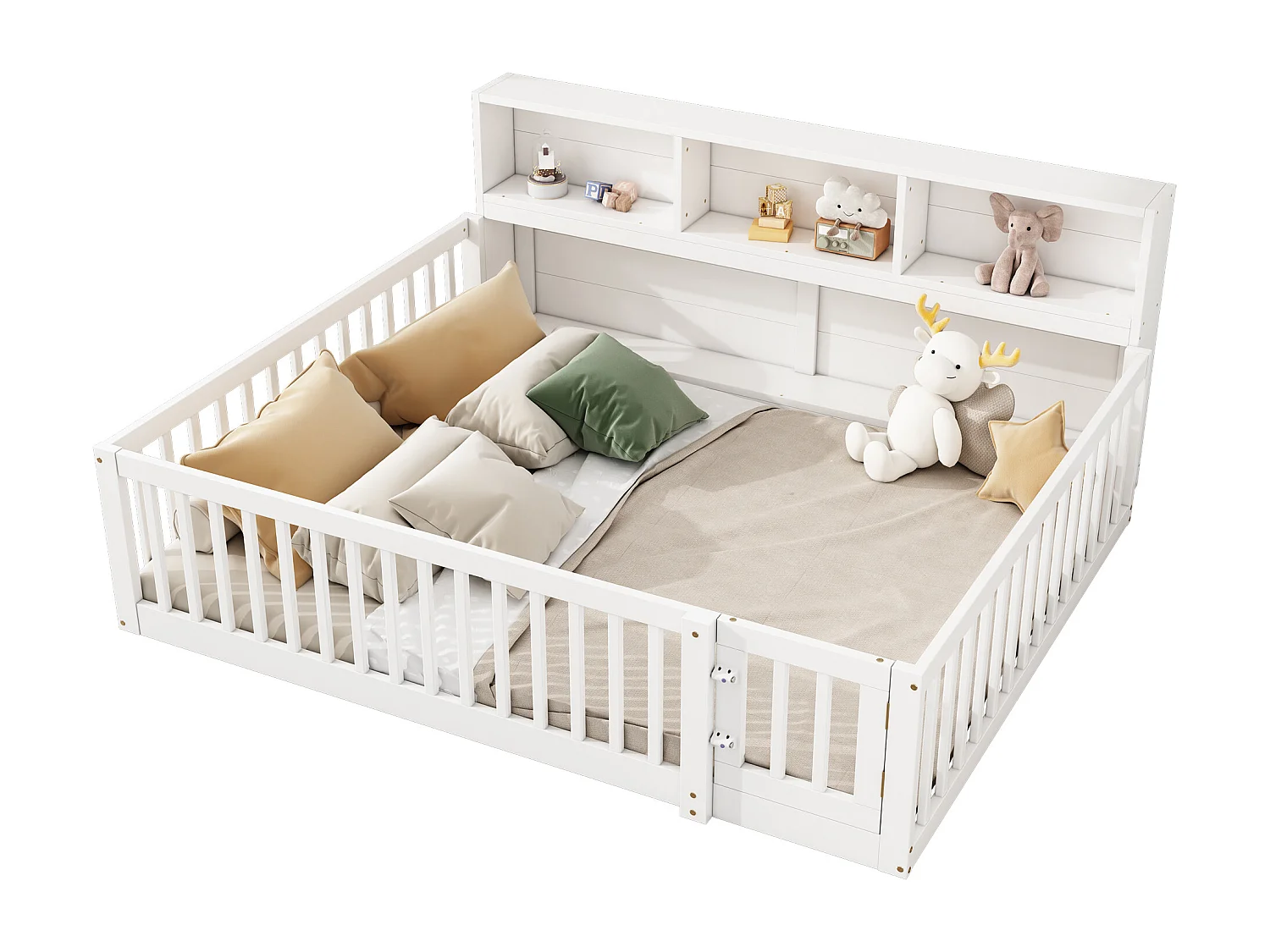 Daybed, 140 x 200 cm, canapé-lit, avec rangement latéral, sommier à lattes, barrières de sécurité, bois de pin, blanc (205x164.5x87 cm)