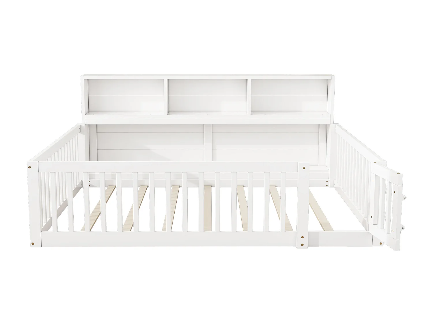 Daybed, 140 x 200 cm, canapé-lit, avec rangement latéral, sommier à lattes, barrières de sécurité, bois de pin, blanc (205x164.5x87 cm)