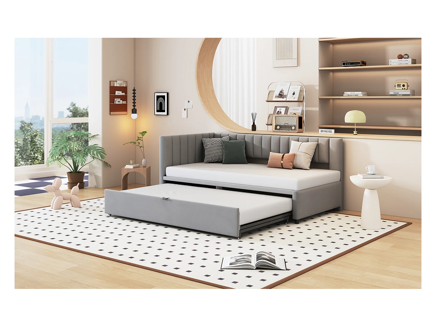 Canapé-lit L-forme 90/180 x 200 cm, Tissu en Velours, Design Compact, Lit Extensible, Gris (208 x 97.5 x 75 cm)