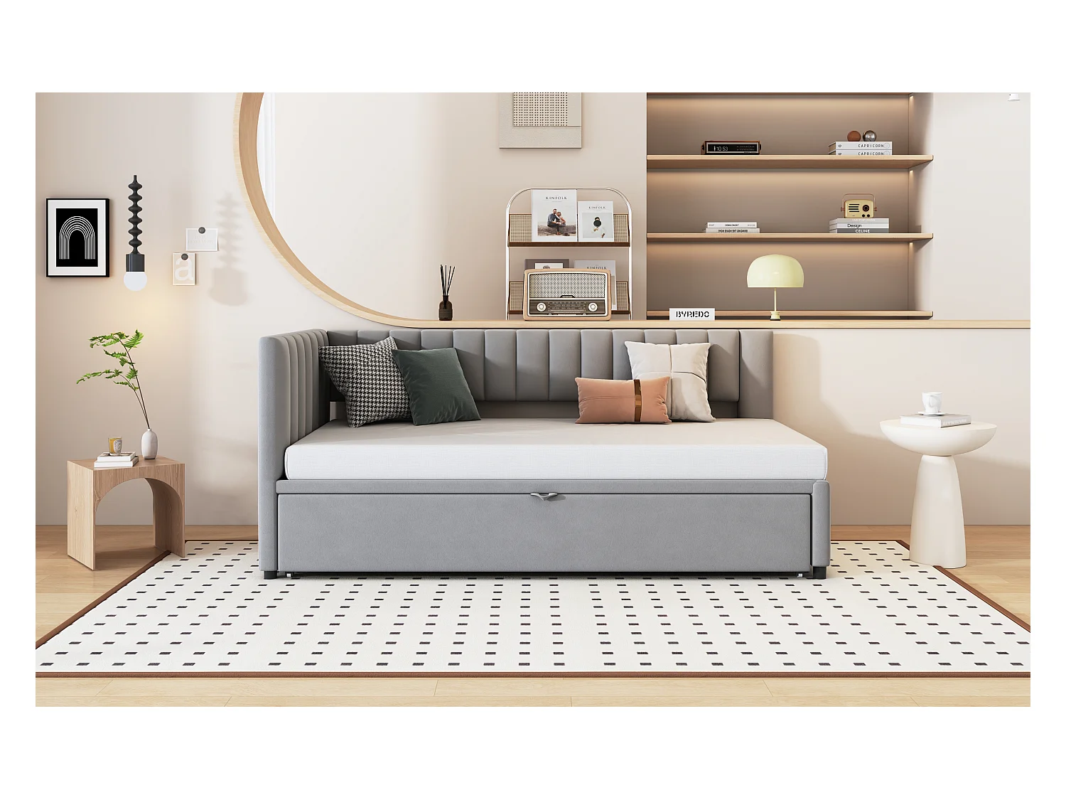 Canapé-lit L-forme 90/180 x 200 cm, Tissu en Velours, Design Compact, Lit Extensible, Gris (208 x 97.5 x 75 cm)