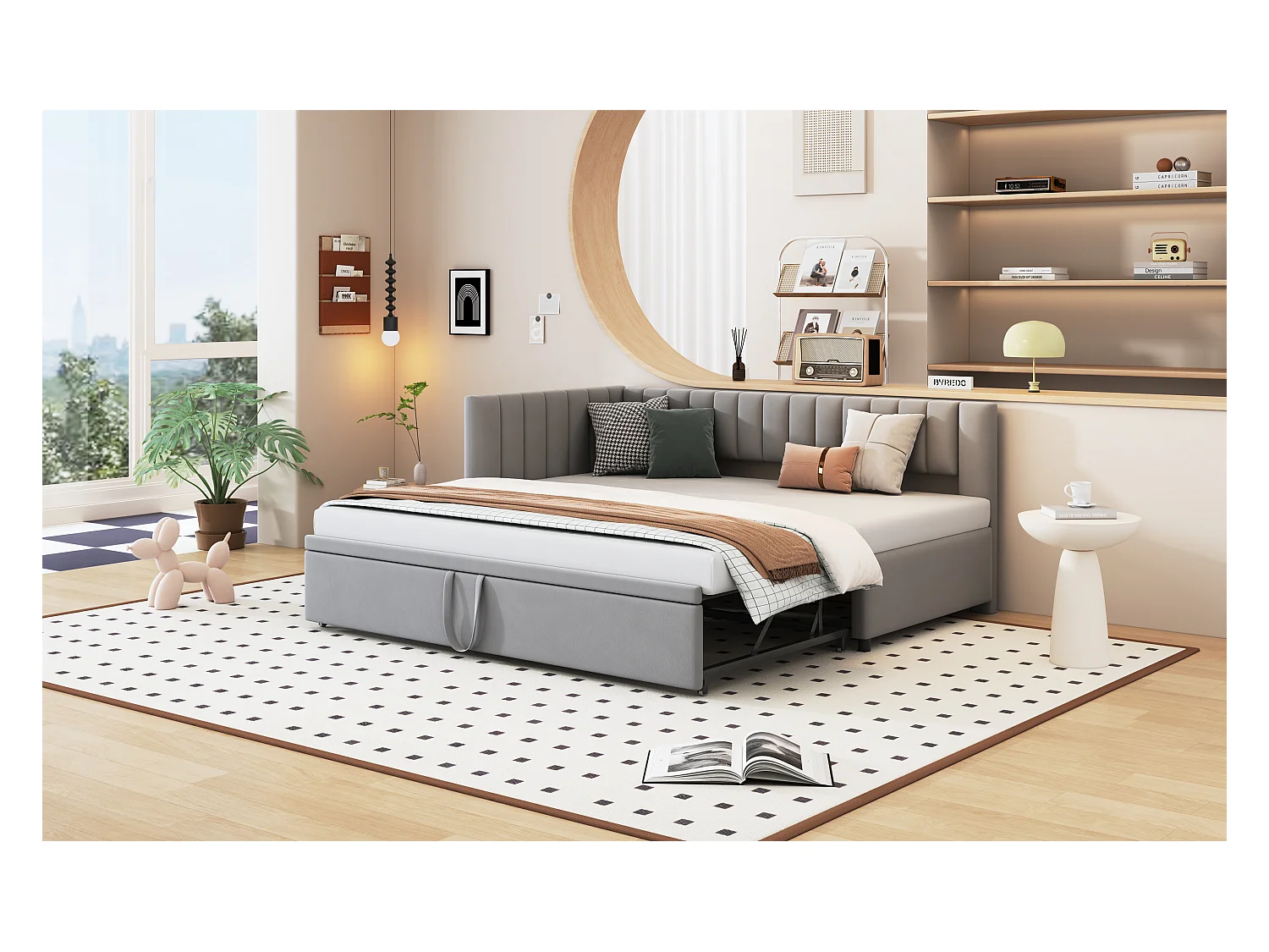 Canapé-lit L-forme 90/180 x 200 cm, Tissu en Velours, Design Compact, Lit Extensible, Gris (208 x 97.5 x 75 cm)