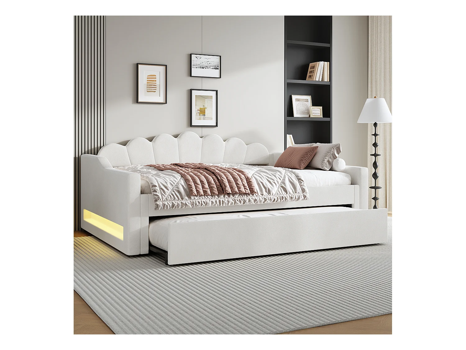 Cama de día 140x200 con almacenaje, tejido de lino beige, con LED y cama abatible (212x148,5x84 cm)