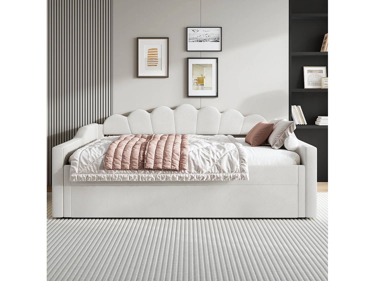 Cama de día 140x200 con almacenaje, tejido de lino beige, con LED y cama abatible (212x148,5x84 cm)