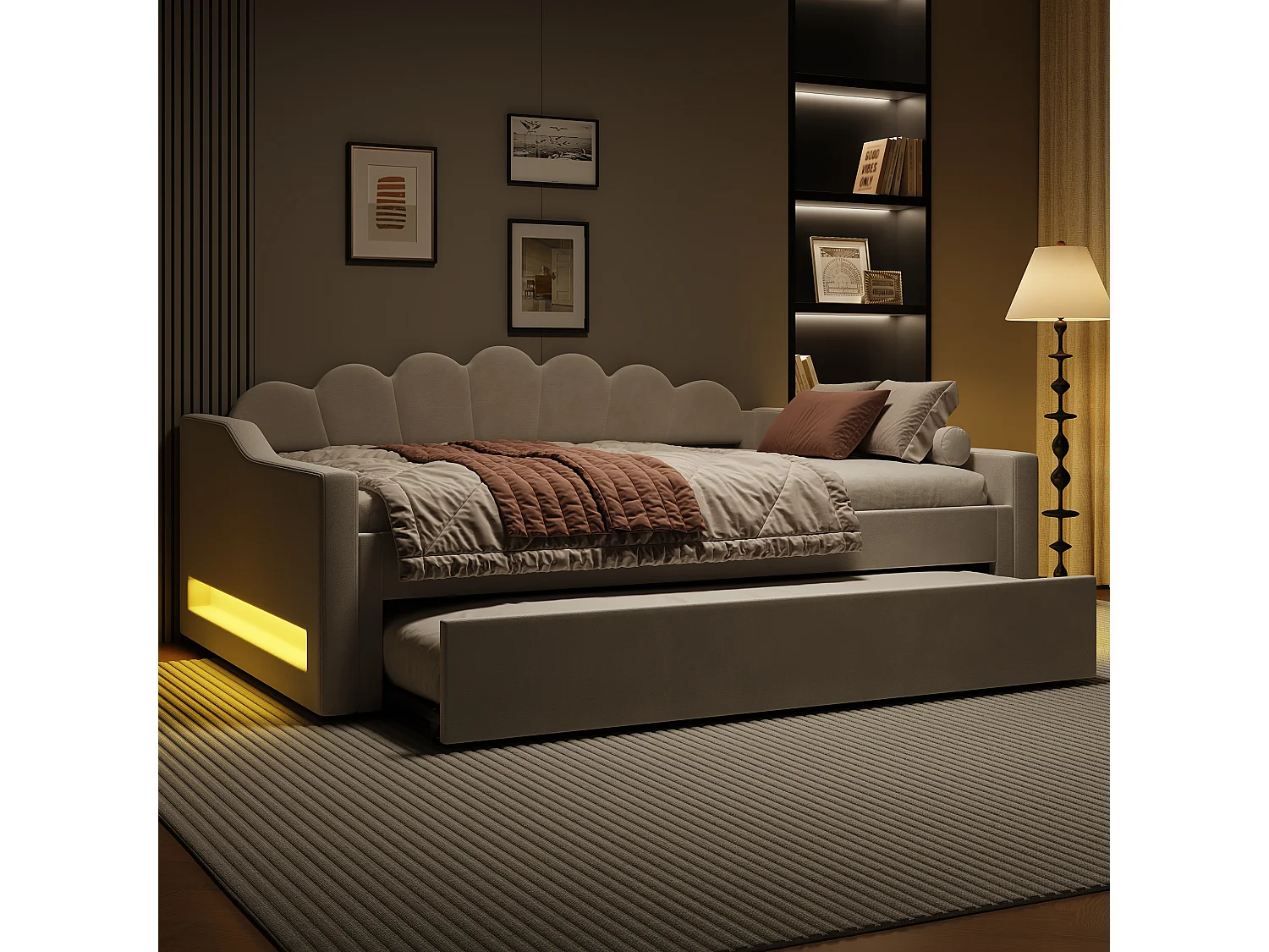 Cama de día 140x200 con almacenaje, tejido de lino beige, con LED y cama abatible (212x148,5x84 cm)