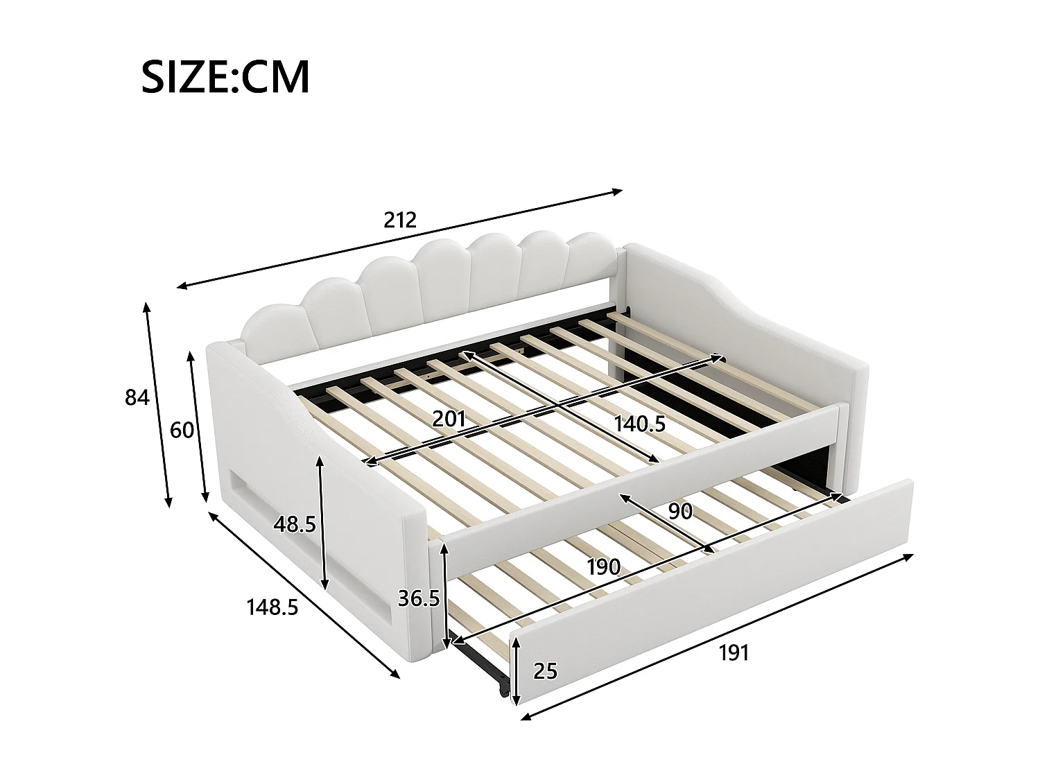 Cama de día 140x200 con almacenaje, tejido de lino beige, con LED y cama abatible (212x148,5x84 cm)