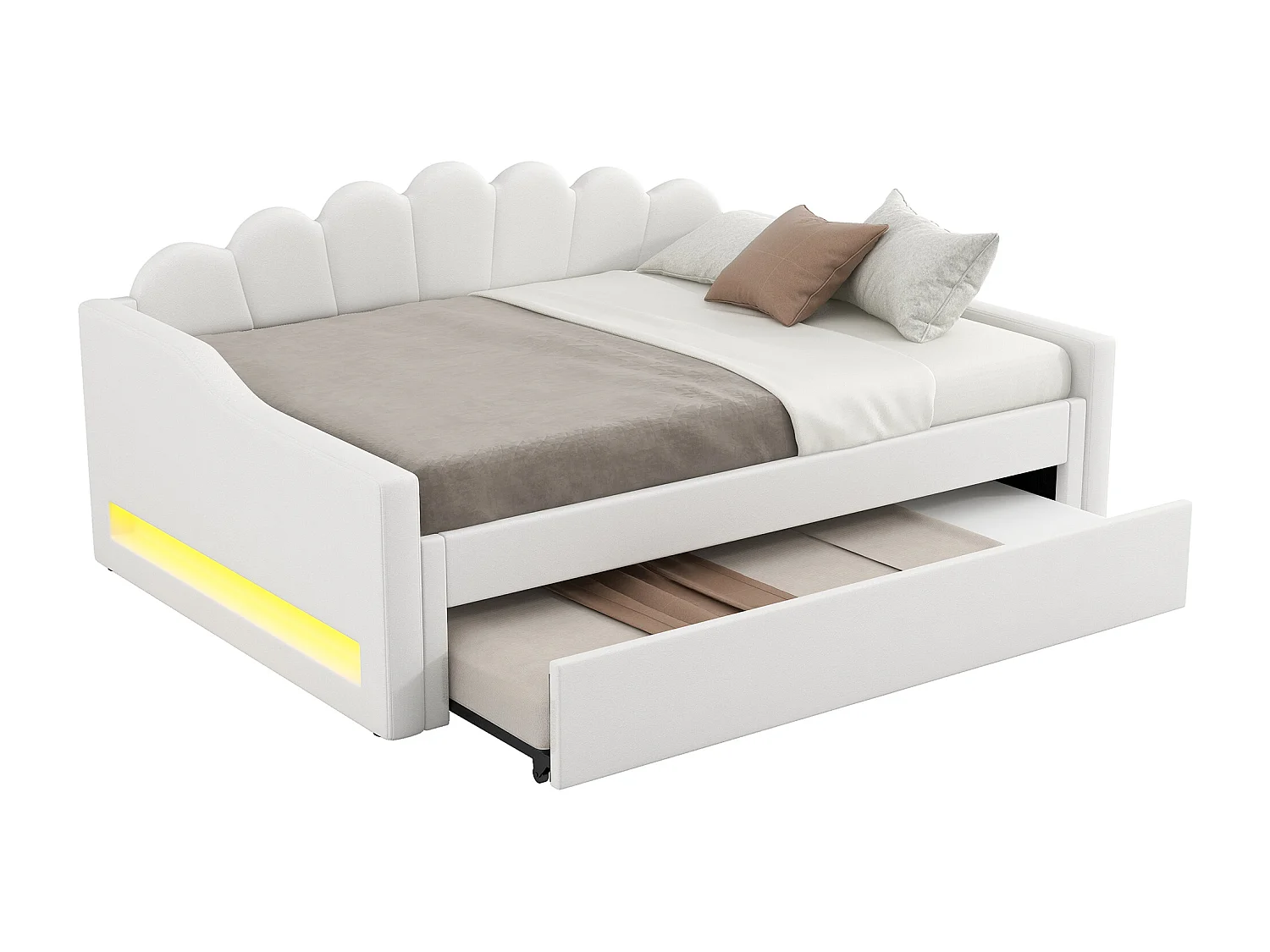 Cama de día 140x200 con almacenaje, tejido de lino beige, con LED y cama abatible (212x148,5x84 cm)