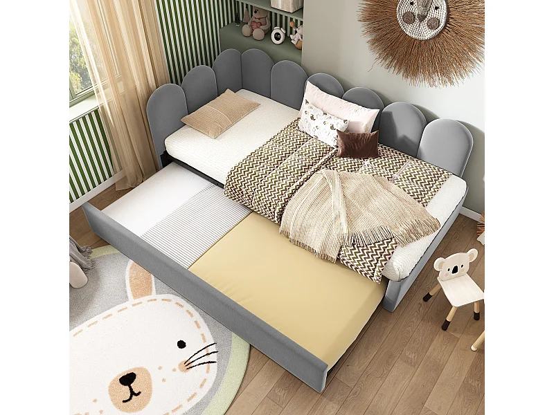 Lit canapé avec lit tiroir, design moderne, velours gris, 90x200 cm (sans matelas)