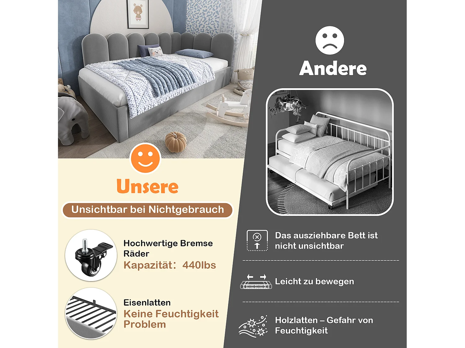 Lit canapé avec lit tiroir, design moderne, velours gris, 90x200 cm (sans matelas)