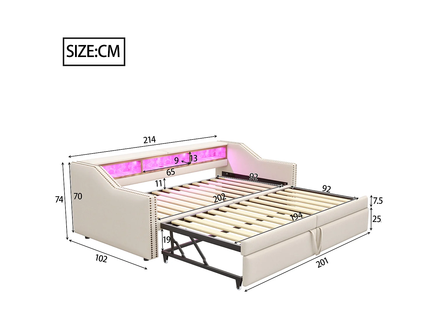 Sofa-lit extensible 90/180 x 200 cm, avec rangement multifonction, LED et prise USB, lin, beige (214x102x74 cm)