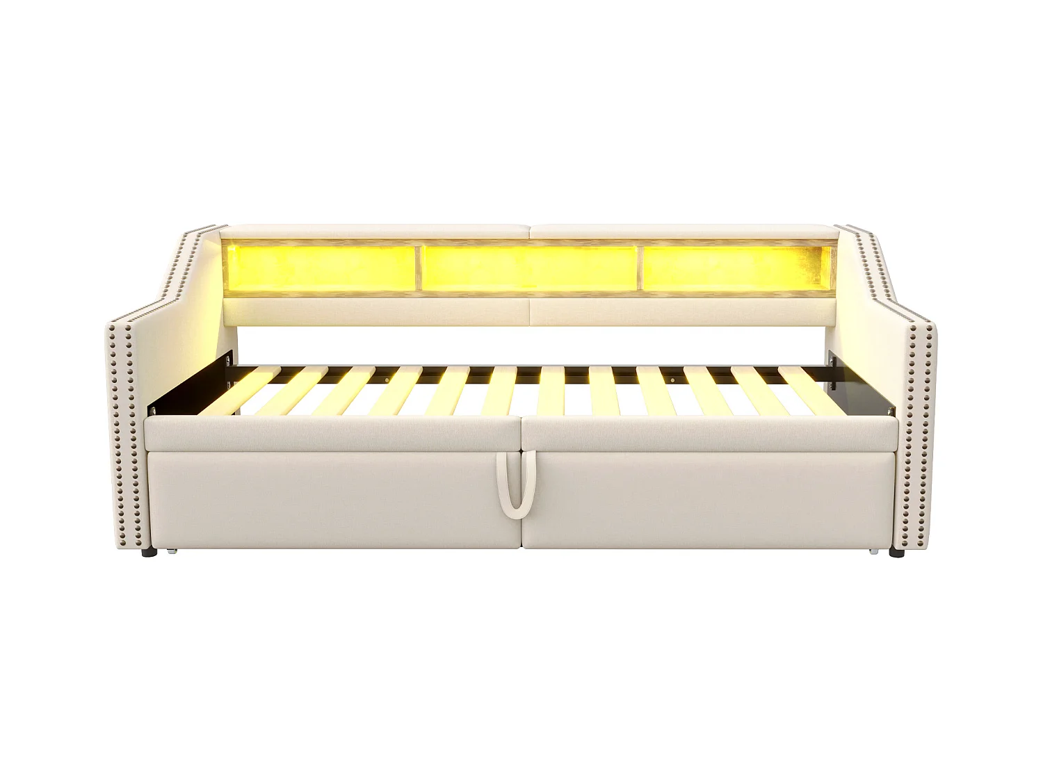 Sofa-lit extensible 90/180 x 200 cm, avec rangement multifonction, LED et prise USB, lin, beige (214x102x74 cm)