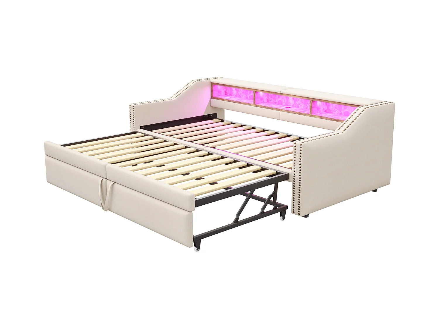 Sofa-lit extensible 90/180 x 200 cm, avec rangement multifonction, LED et prise USB, lin, beige (214x102x74 cm)