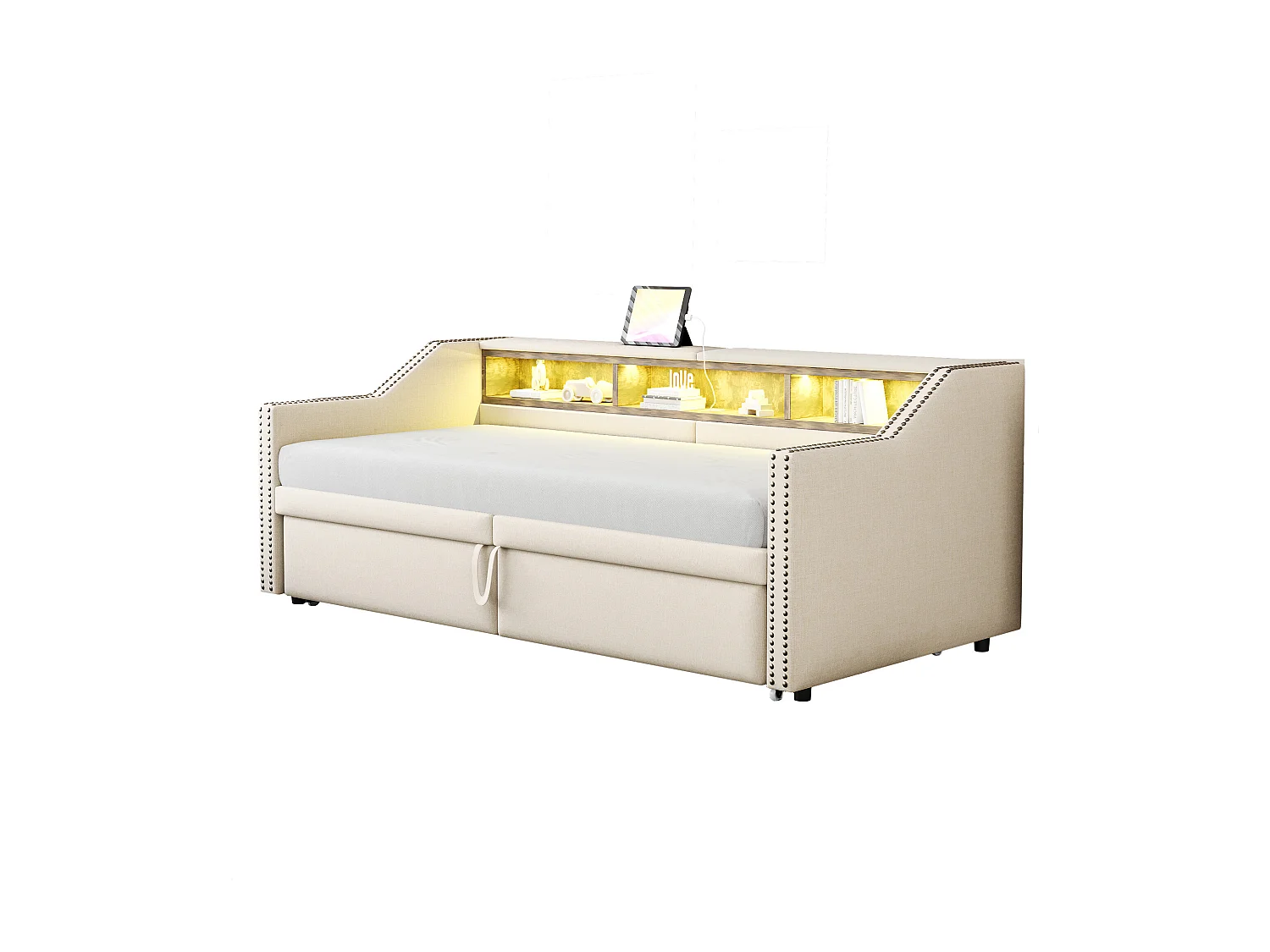 Sofa-lit extensible 90/180 x 200 cm, avec rangement multifonction, LED et prise USB, lin, beige (214x102x74 cm)