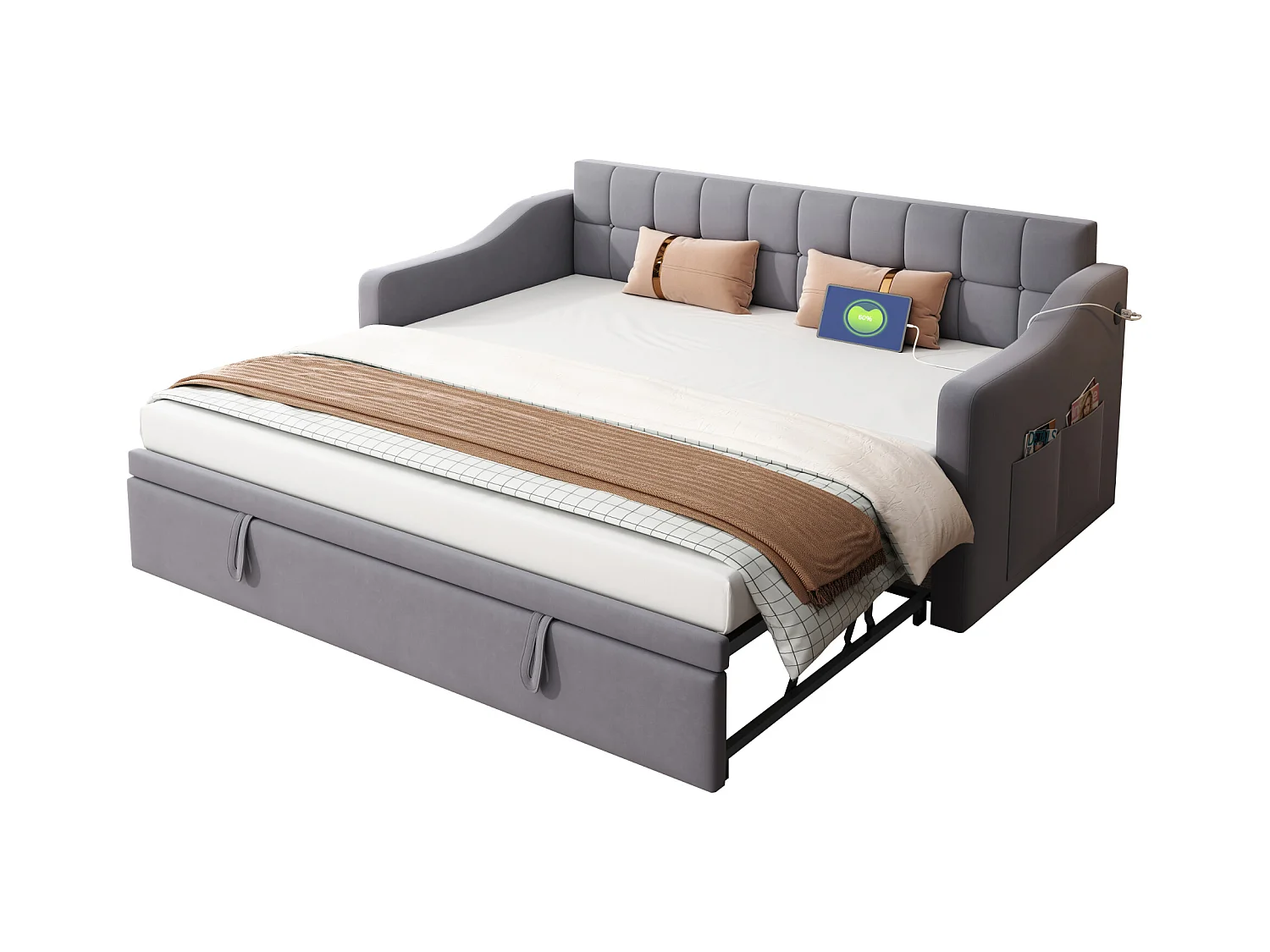 Canapé-lit multifonction 2 en 1 90/180, avec stockage hydraulique, tissu velours gris, avec prise USB et LED (208.5x99x80 cm)