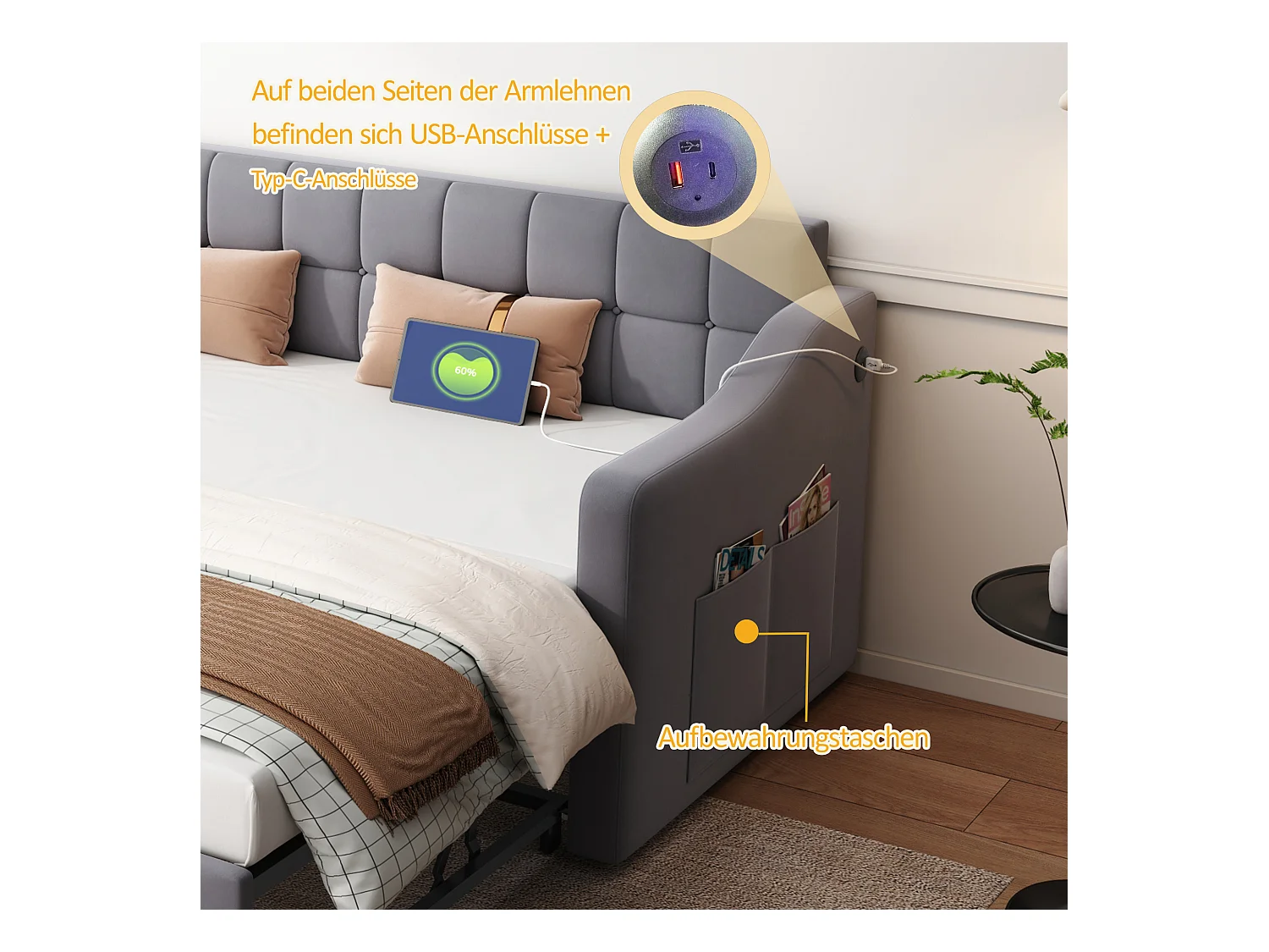 Canapé-lit multifonction 2 en 1 90/180, avec stockage hydraulique, tissu velours gris, avec prise USB et LED (208.5x99x80 cm)