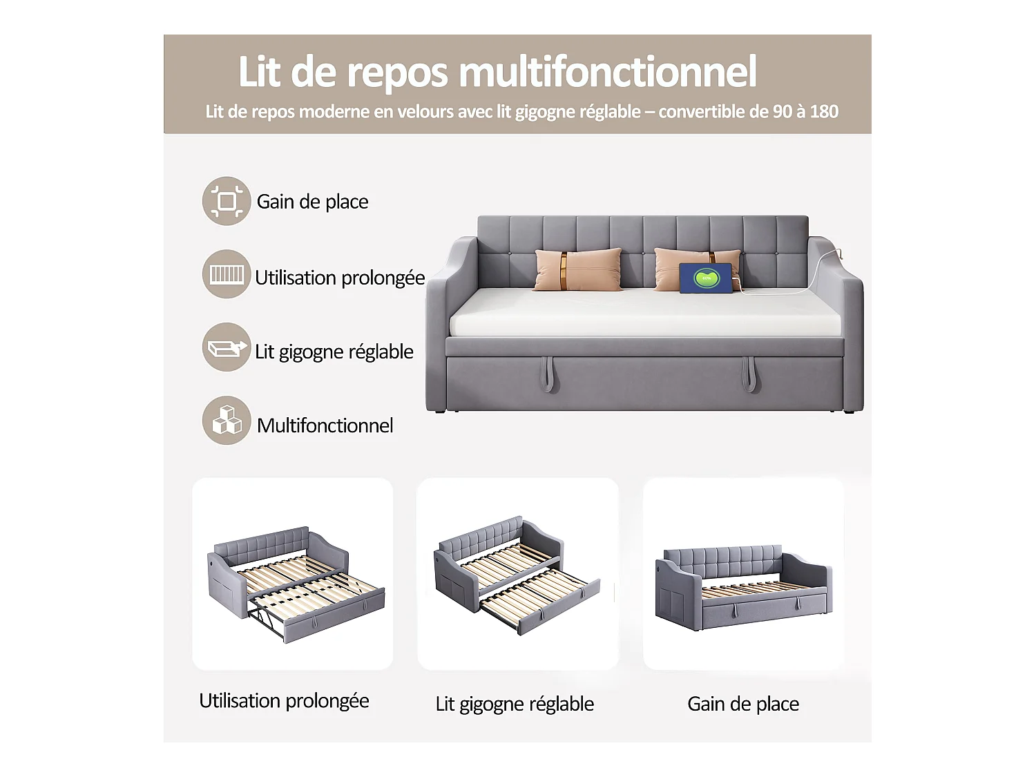 Canapé-lit multifonction 2 en 1 90/180, avec stockage hydraulique, tissu velours gris, avec prise USB et LED (208.5x99x80 cm)