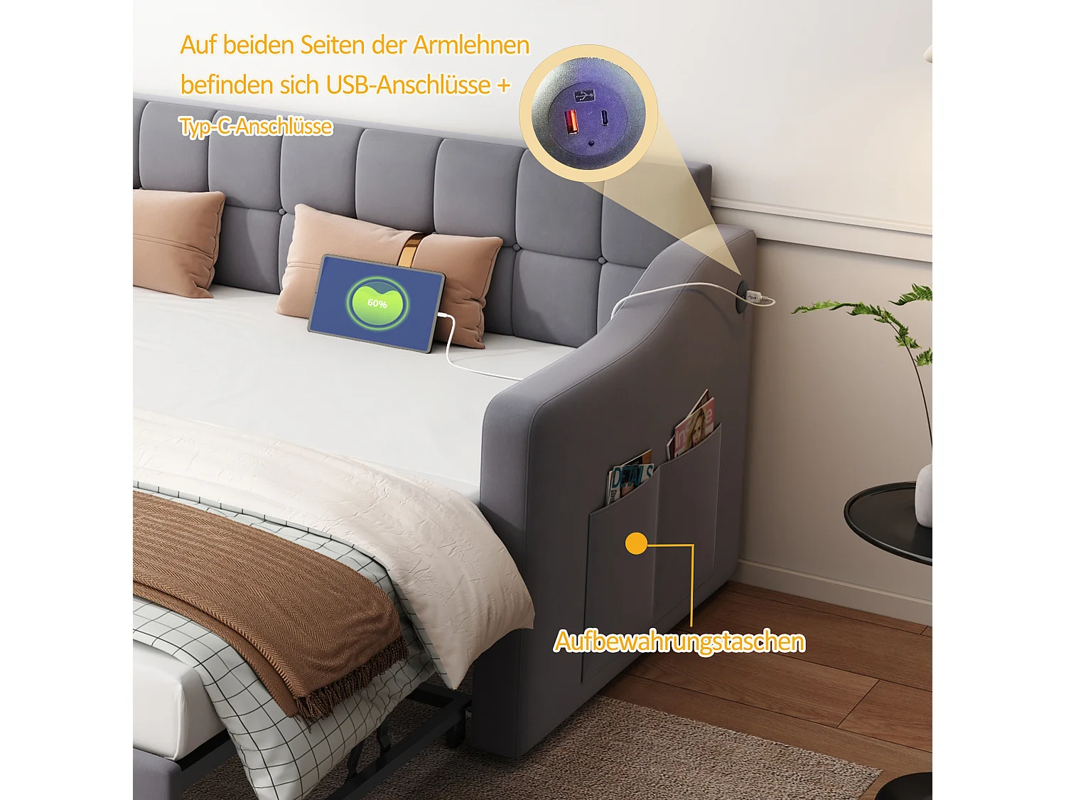 Canapé-lit multifonction 2 en 1 90/180, avec stockage hydraulique, tissu velours gris, avec prise USB et LED (208.5x99x80 cm)