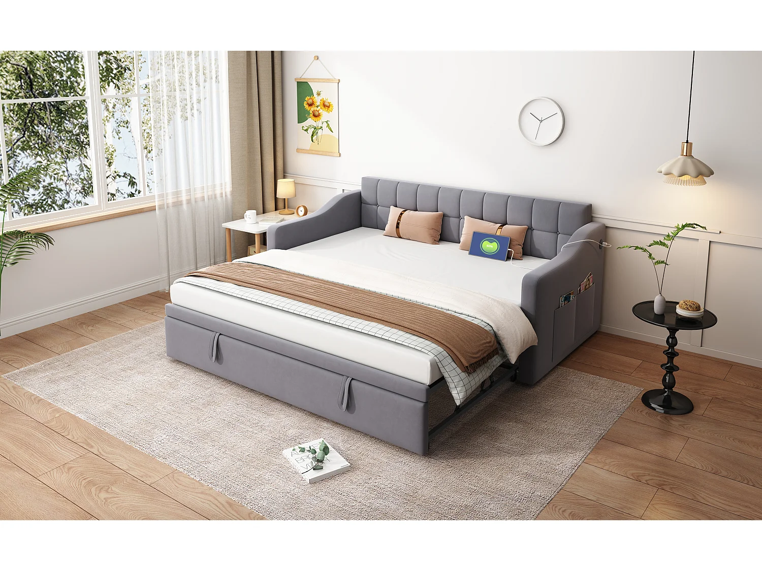 Canapé-lit multifonction 2 en 1 90/180, avec stockage hydraulique, tissu velours gris, avec prise USB et LED (208.5x99x80 cm)