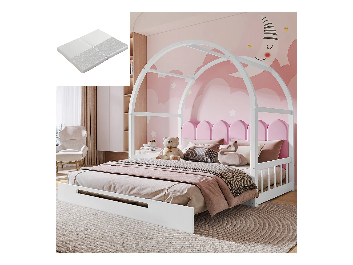 Uitschuifbaar bed met gebogen dak, slaapbank, kinderbed, beige fluweel met matras, grenen frame (204x149x170 cm)