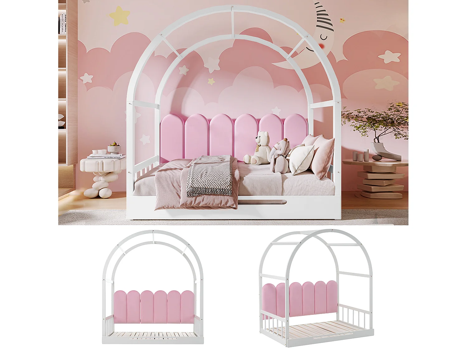 Uitschuifbaar bed met gebogen dak, slaapbank, kinderbed, beige fluweel met matras, grenen frame (204x149x170 cm)