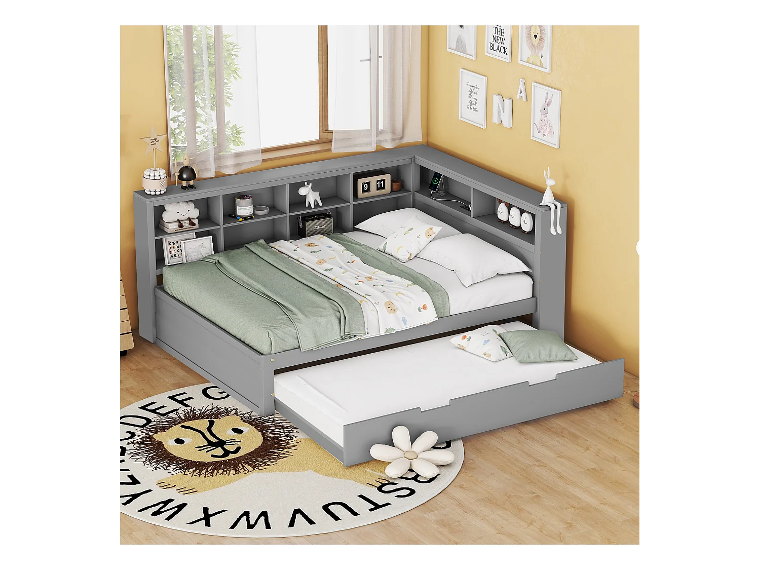 Canapé-lit 140x200 avec Lit Extensible 90x190, Prise USB et Rangement, Lit en Bois Massif, Gris (222.5x166x92.5 cm)