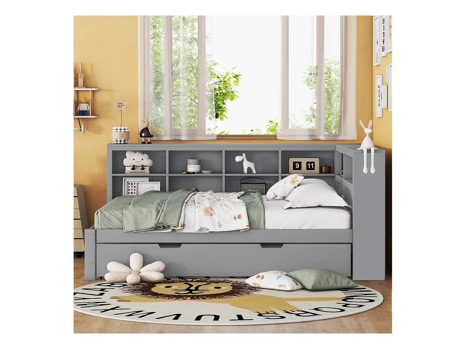 Canapé-lit 140x200 avec Lit Extensible 90x190, Prise USB et Rangement, Lit en Bois Massif, Gris (222.5x166x92.5 cm)