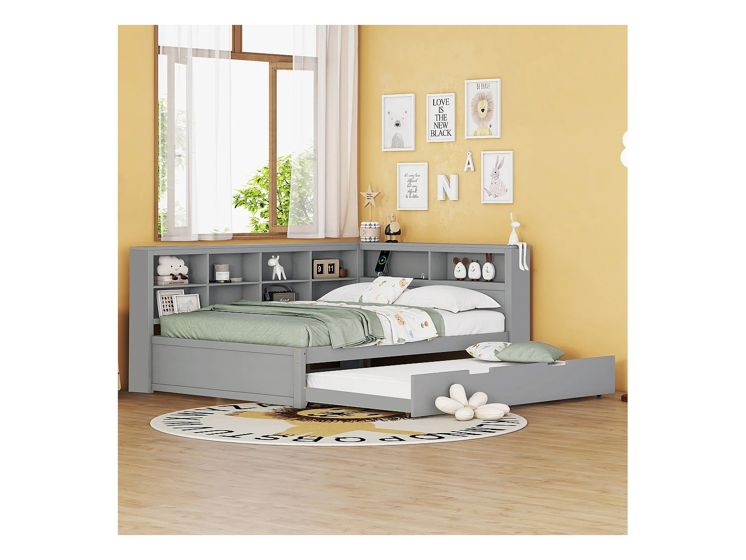 Canapé-lit 140x200 avec Lit Extensible 90x190, Prise USB et Rangement, Lit en Bois Massif, Gris (222.5x166x92.5 cm)