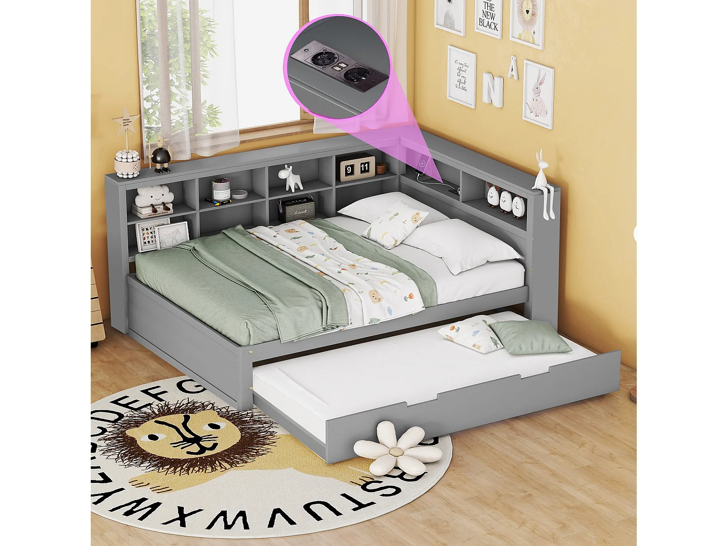 Canapé-lit 140x200 avec Lit Extensible 90x190, Prise USB et Rangement, Lit en Bois Massif, Gris (222.5x166x92.5 cm)