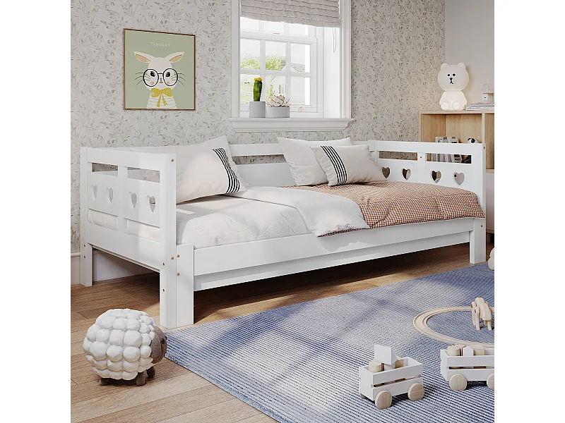 Sofá cama 90x190 cm, cama plegable con segunda zona para dormir, estructura de madera maciza de pino, corazón, blanco (98-187x196x66 cm)