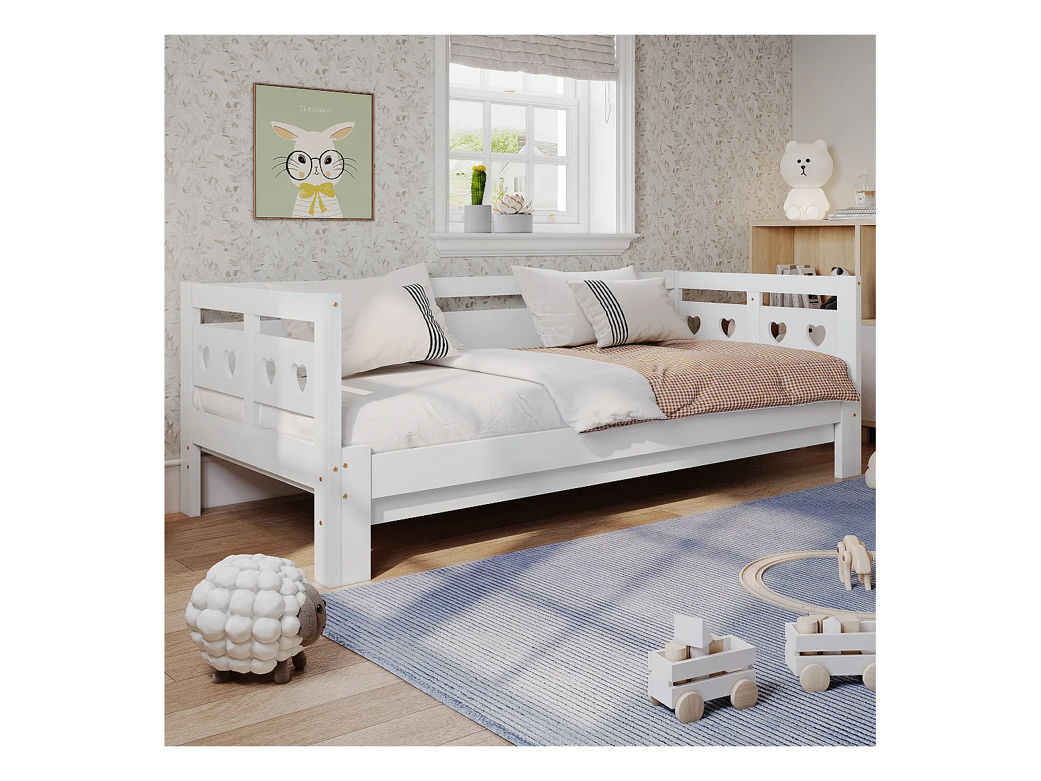 Daybett 90x190 cm, lit escamotable avec 2ème couchage, cadre en bois massif de pin, cœur, blanc (98-187x196x66 cm)