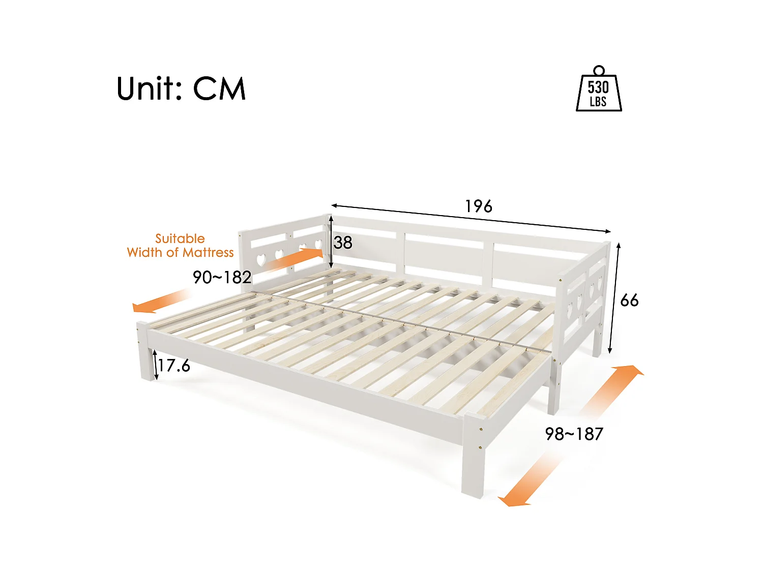 Daybett 90x190 cm, lit escamotable avec 2ème couchage, cadre en bois massif de pin, cœur, blanc (98-187x196x66 cm)