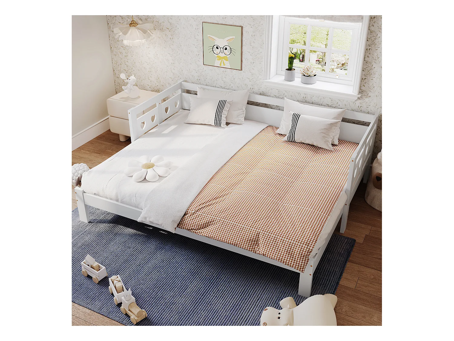 Daybett 90x190 cm, lit escamotable avec 2ème couchage, cadre en bois massif de pin, cœur, blanc (98-187x196x66 cm)