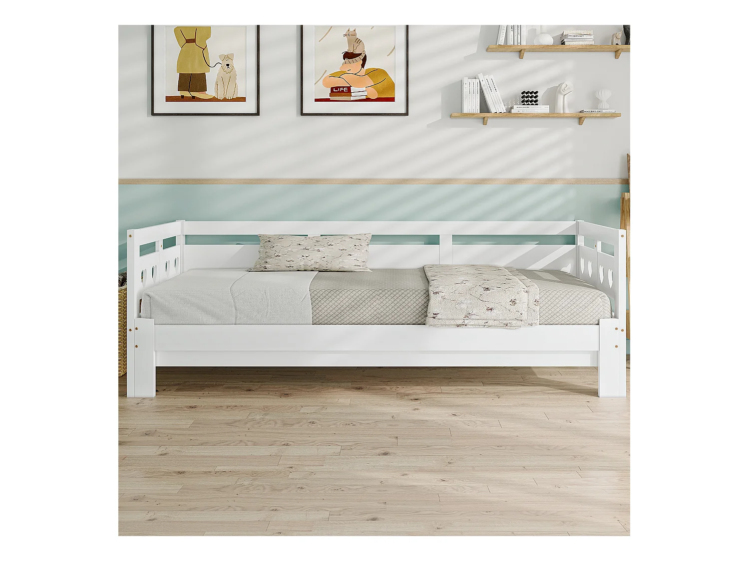 Daybett 90x190 cm, lit escamotable avec 2ème couchage, cadre en bois massif de pin, cœur, blanc (98-187x196x66 cm)