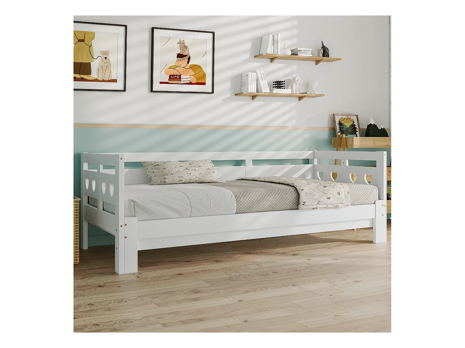 Daybett 90x190 cm, lit escamotable avec 2ème couchage, cadre en bois massif de pin, cœur, blanc (98-187x196x66 cm)